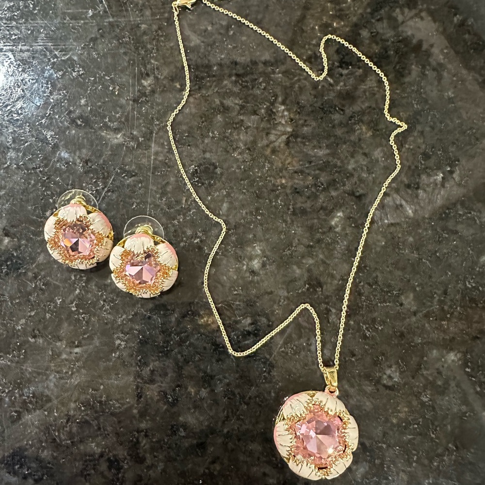 Gold and Pink Crystal Necklace & Earring Set